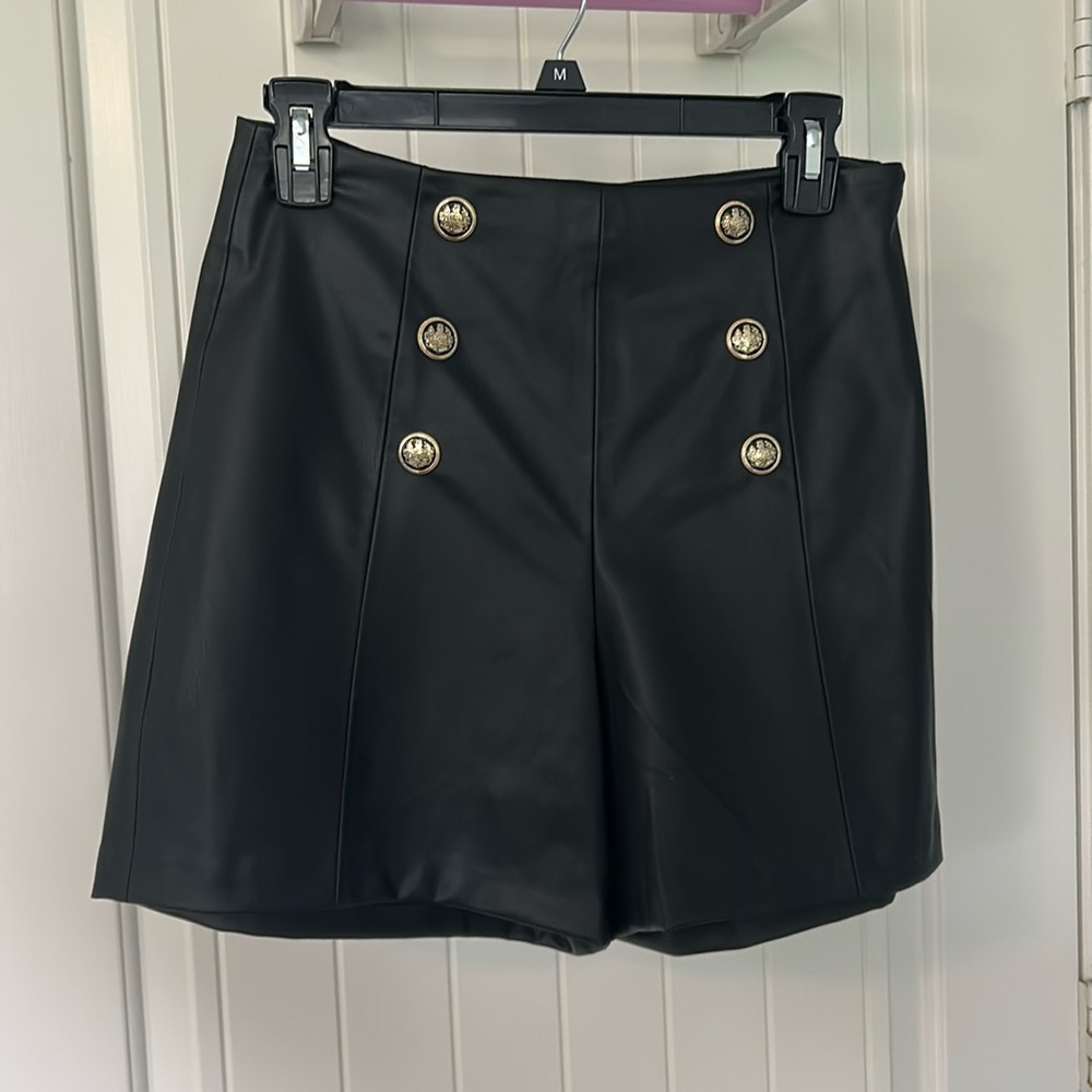 Zara vegan leather shorts with black and gold buttons